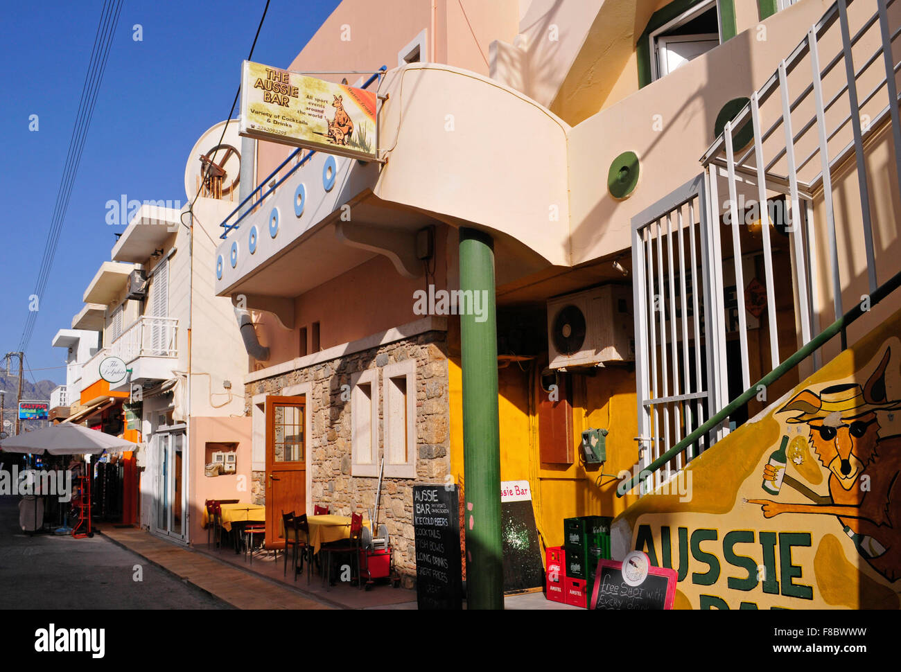 bars along the street in Kardamena, Kos island, Greece Stock Photo
