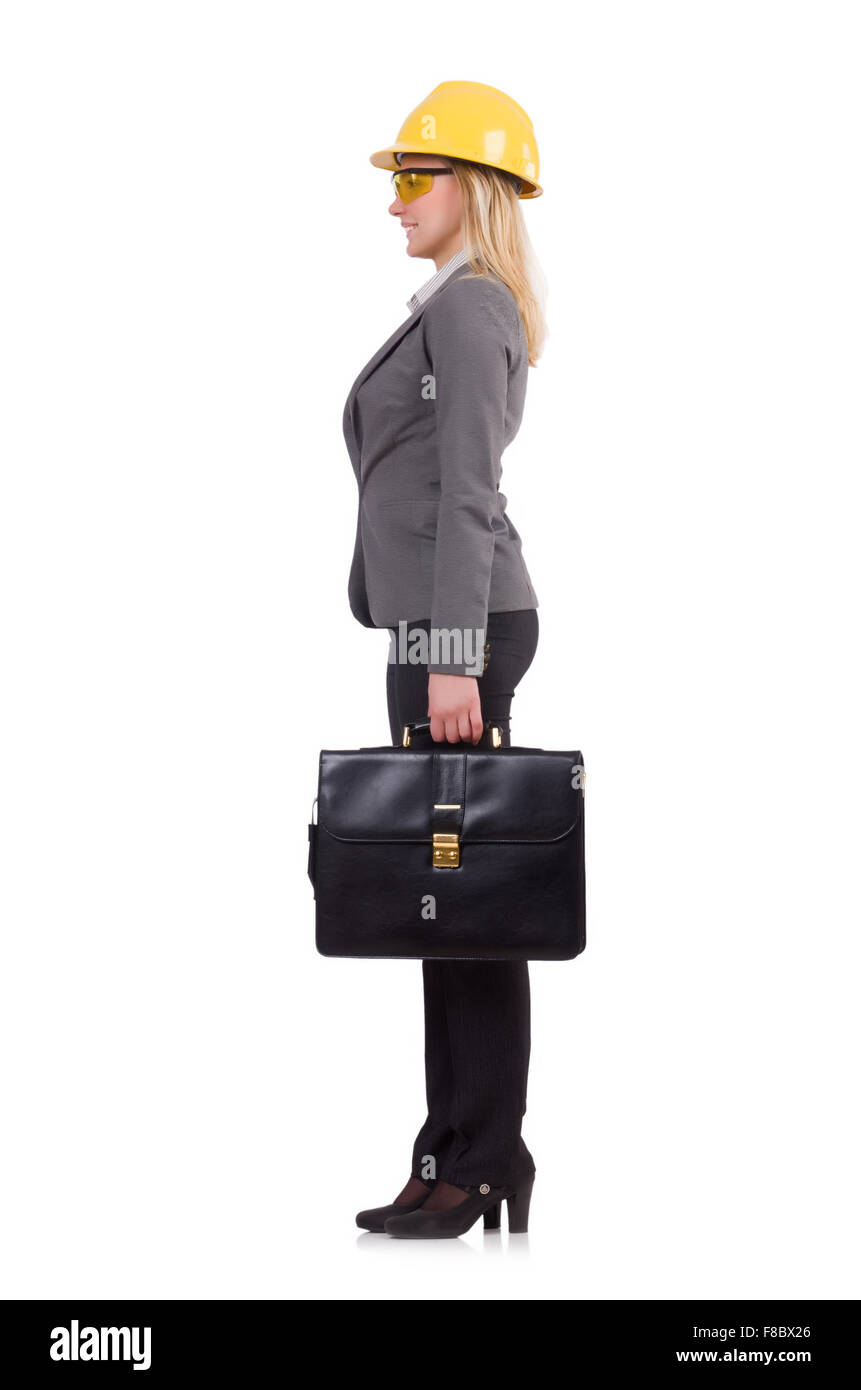 Construction employee with briefcase isolated on white Stock Photo Alamy