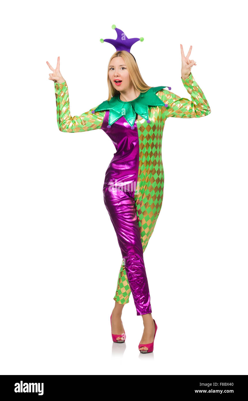 Woman wearing clown costume isolated on white Stock Photo - Alamy