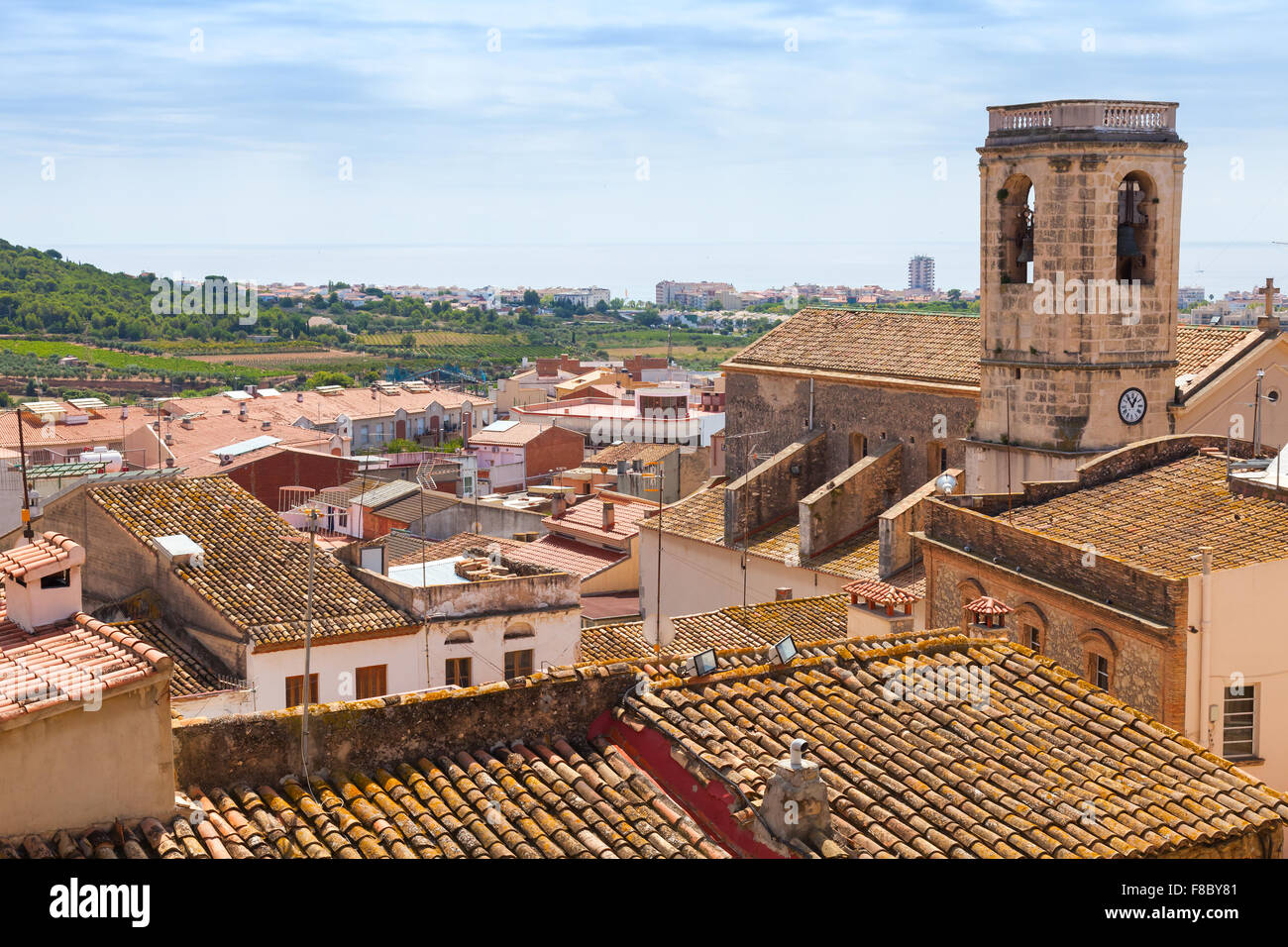 Cityscape of Spanish resort town Calafell in summer, tiling roofs in old part of town Stock Photo