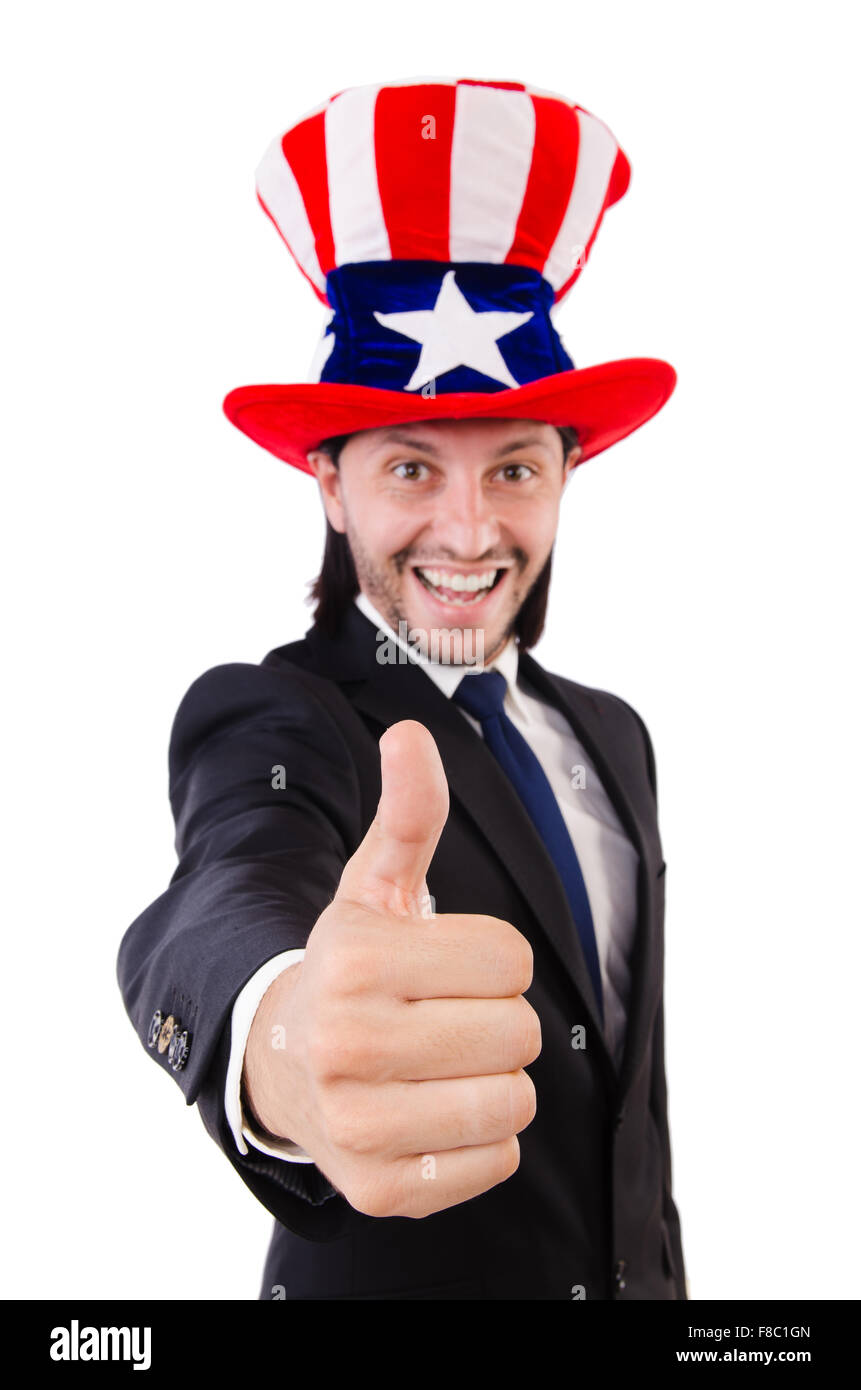 Man with american flag isolated on white Stock Photo - Alamy