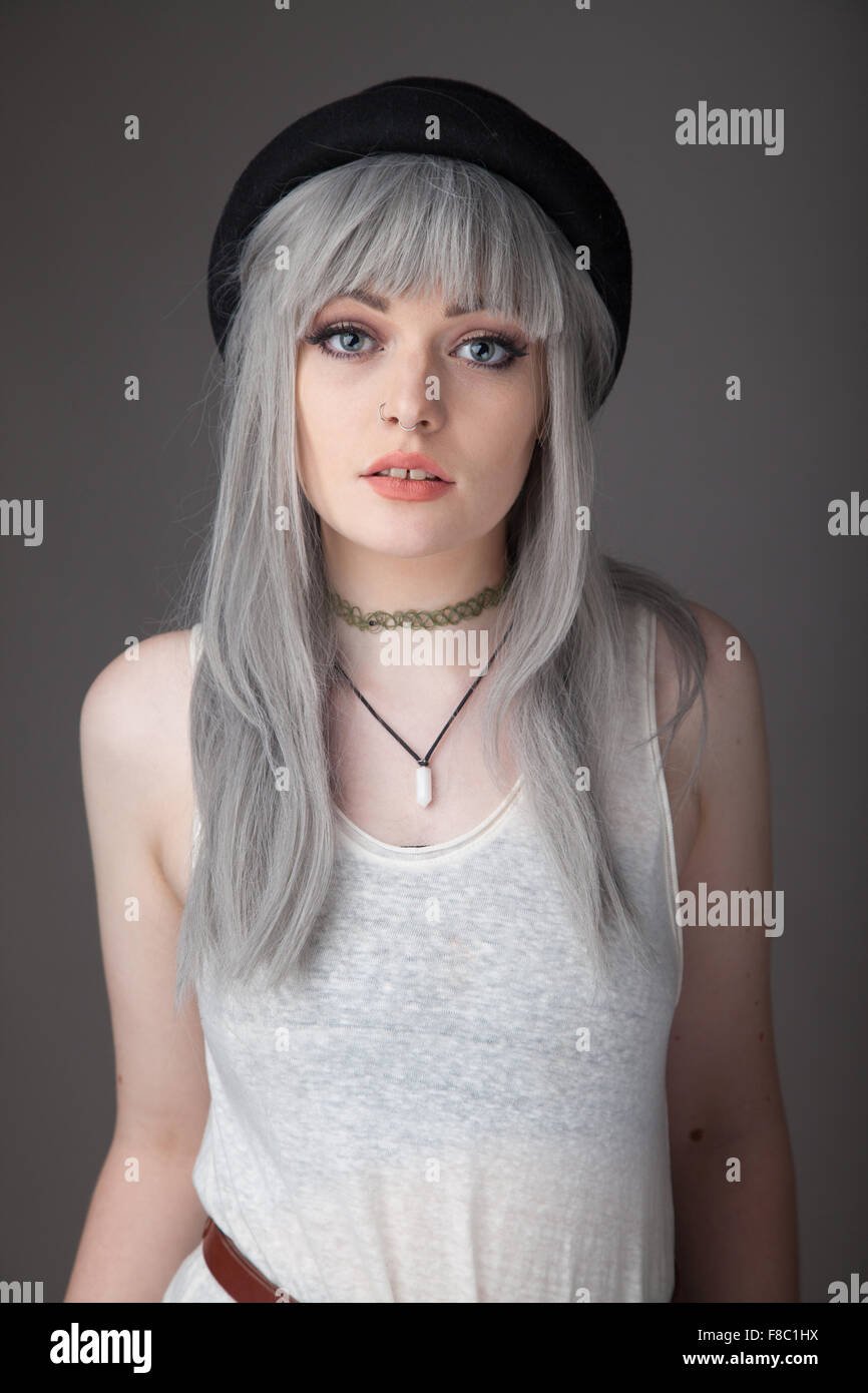 Portrait Of An Eighteen Year Old Woman With Dyed Gray Hair Stock