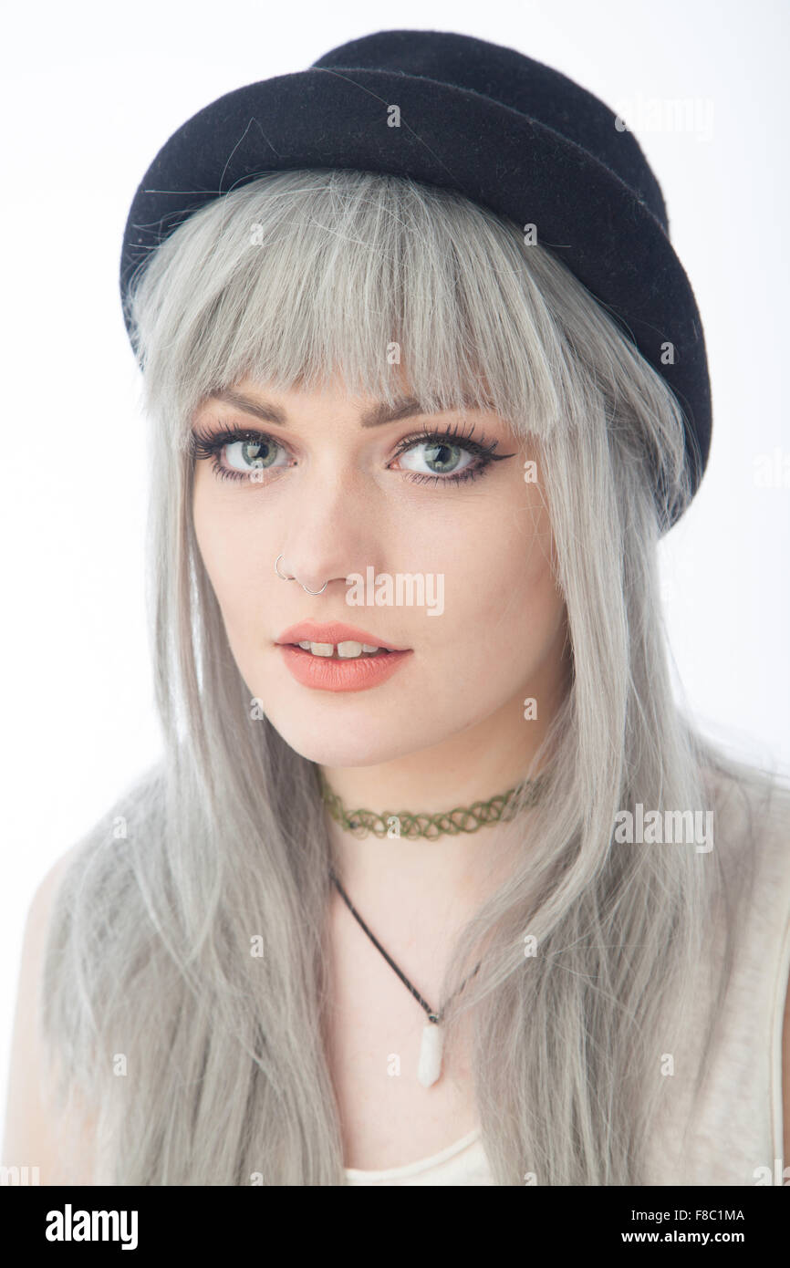 Portrait Of An Eighteen Year Old Woman With Dyed Gray Hair Wearing