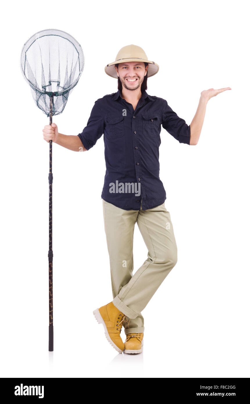 Funny guy with catching net on white Stock Photo - Alamy