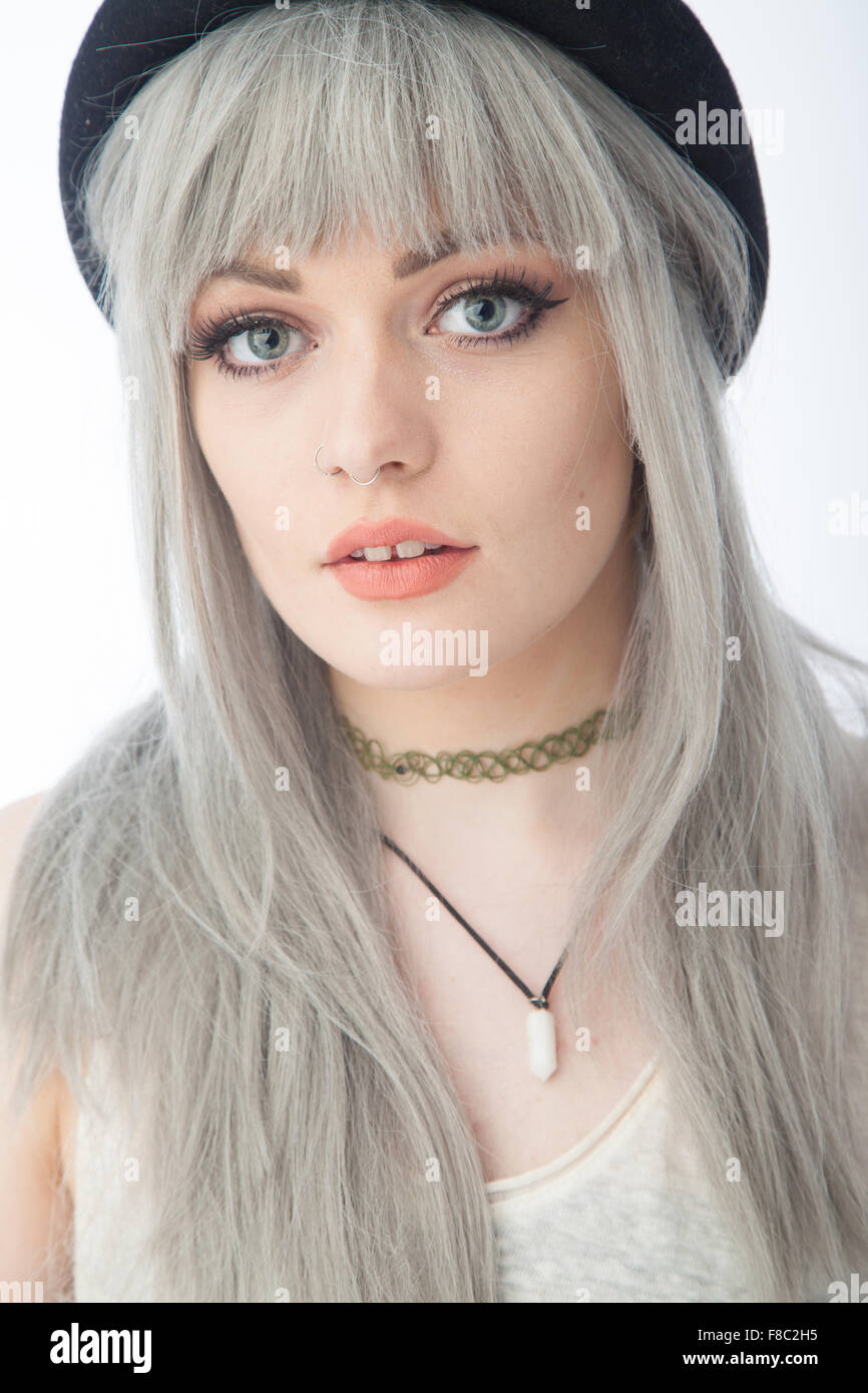Portrait Of An Eighteen Year Old Woman With Dyed Gray Hair Stock