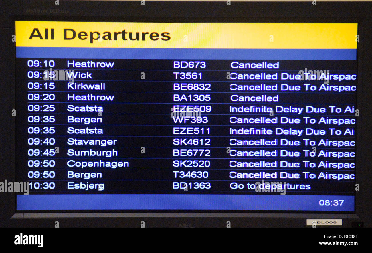 Depatures board showing delays in Aberdeen Airport in Aberdeen, Scotland on Tuesday 24th May 2011. Stock Photo