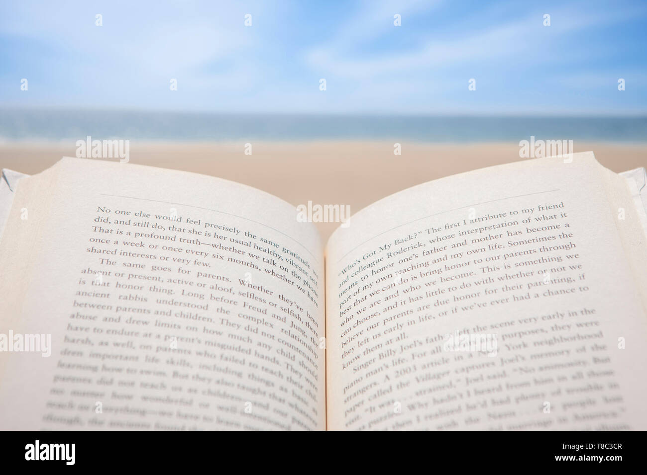 Book open in out-focused effect with the background of beach Stock Photo