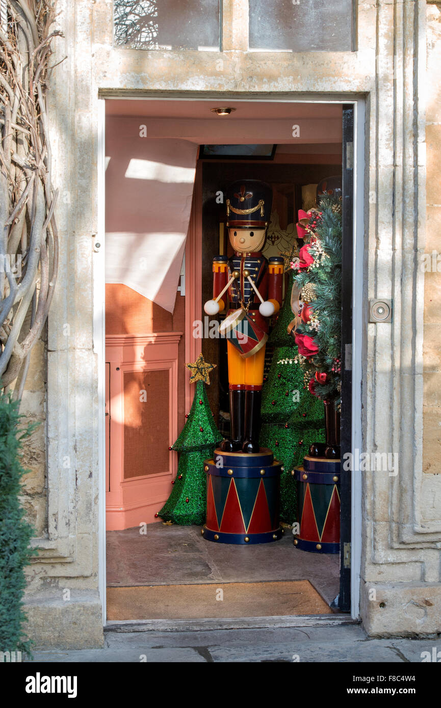 Wooden drummer boy christmas display. Broadway, Cotswolds, England Stock Photo