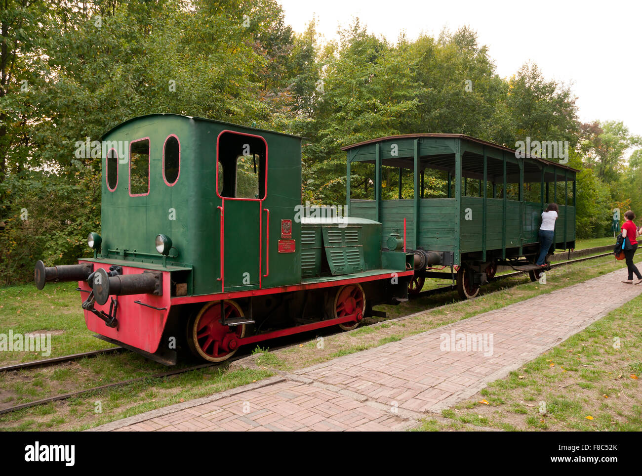 Locomotive on station Bialowieza Towarowa, old cast iron horse antique green vehicle with red signboard ... Stock Photo
