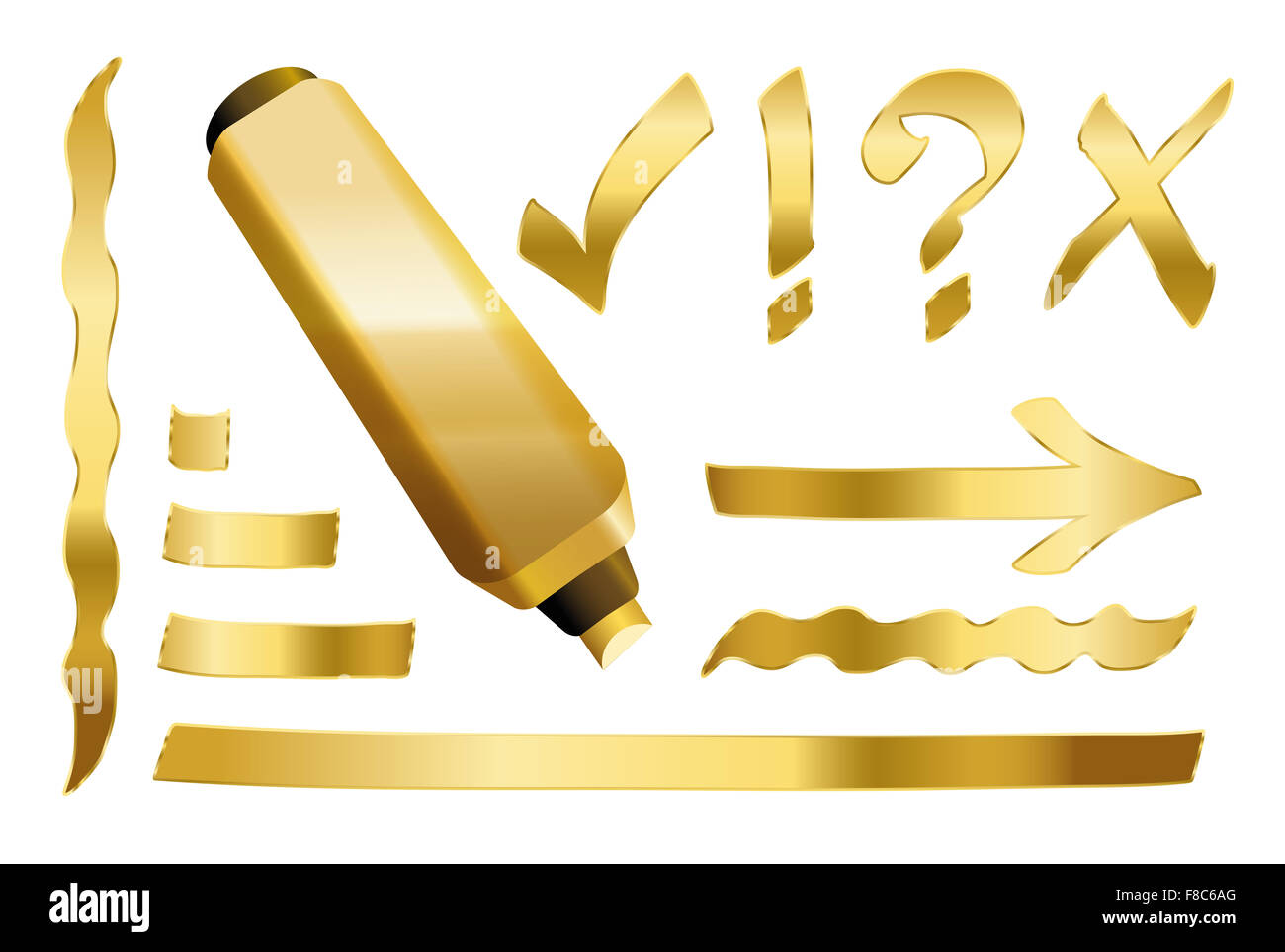 Gold marker - plus some gilded signs like call sign, question mark, tick mark, arrow and underlining. Stock Photo
