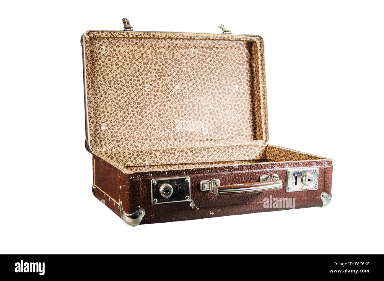 Old open cardboard suitcase, isolated Stock Photo Alamy