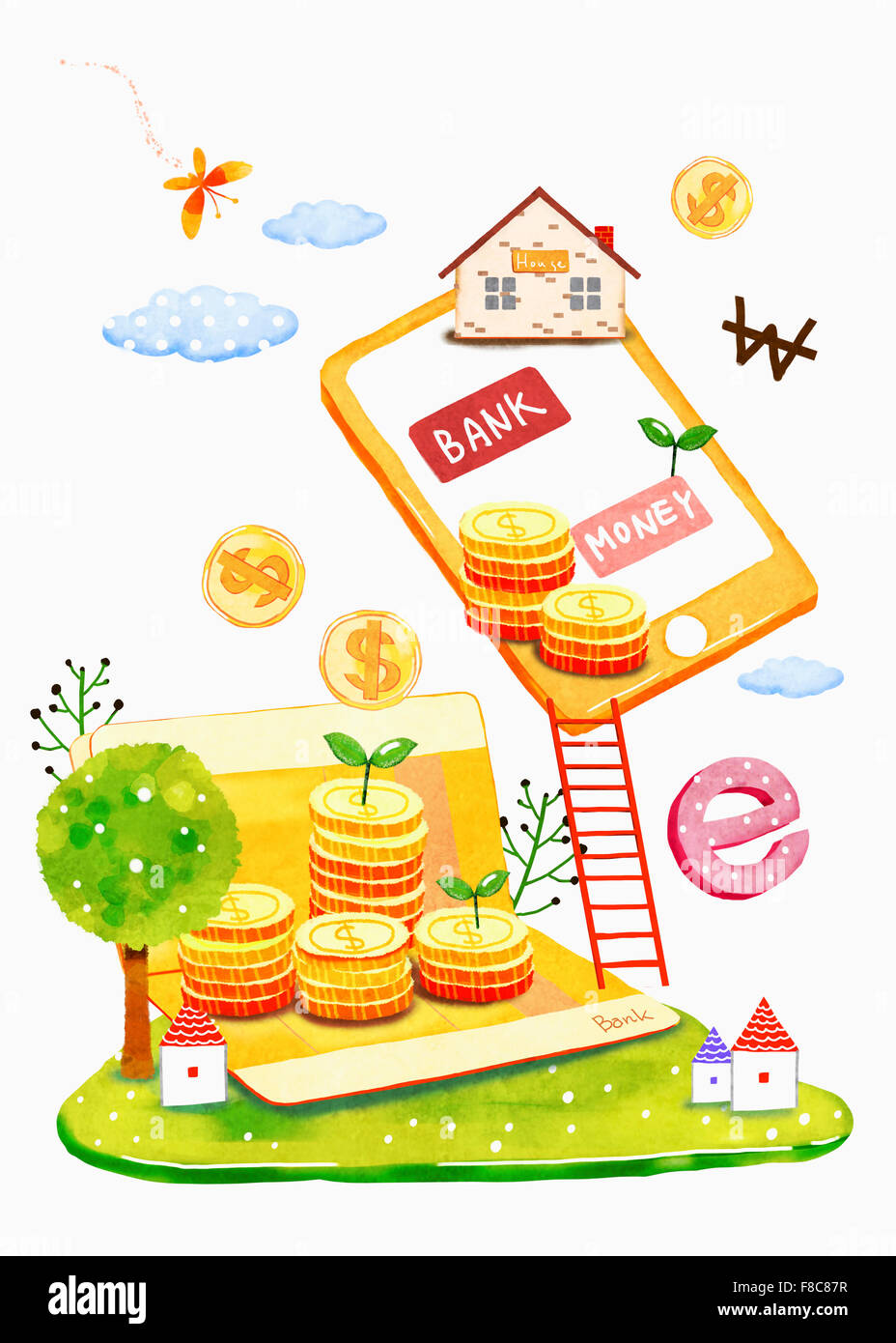 Background of money and mobile banking with stacked coins on bankbook, ladder, smartphone and house Stock Photo