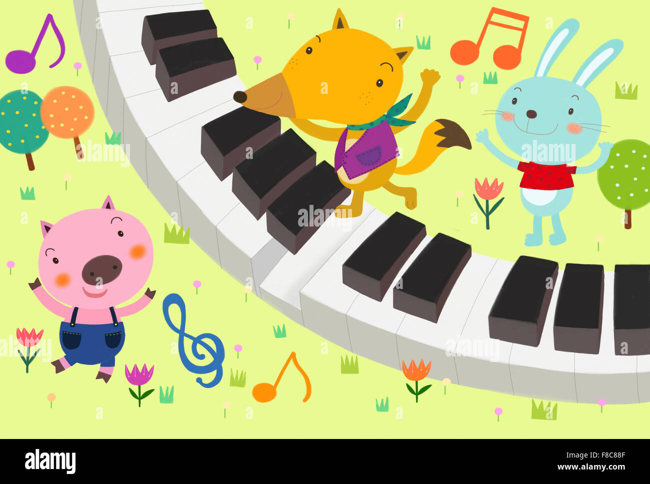 Three personified animals playing with keyboard instrument Stock Photo