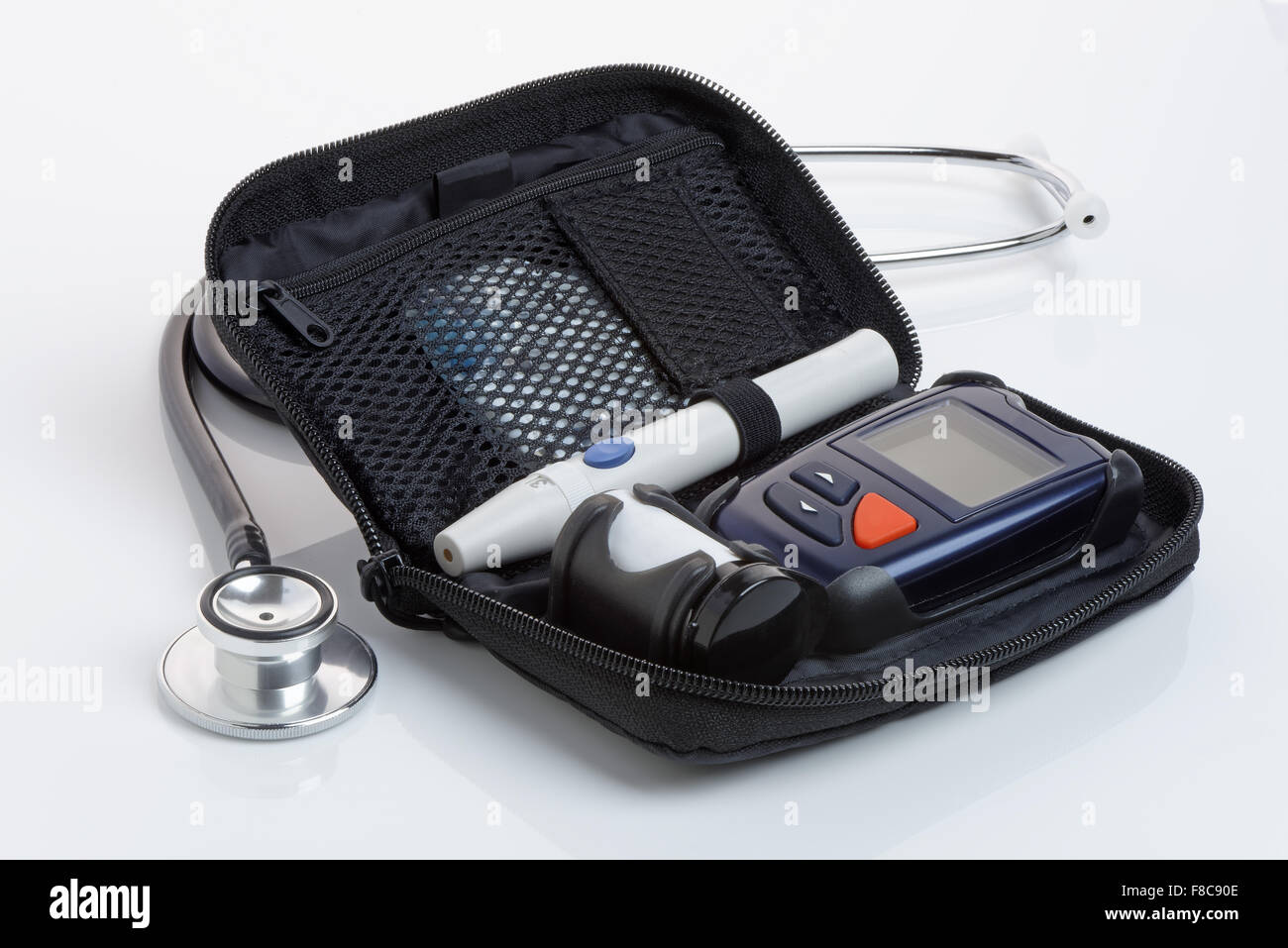 A diabetic blood test kit, or in a case. Close up. Logos