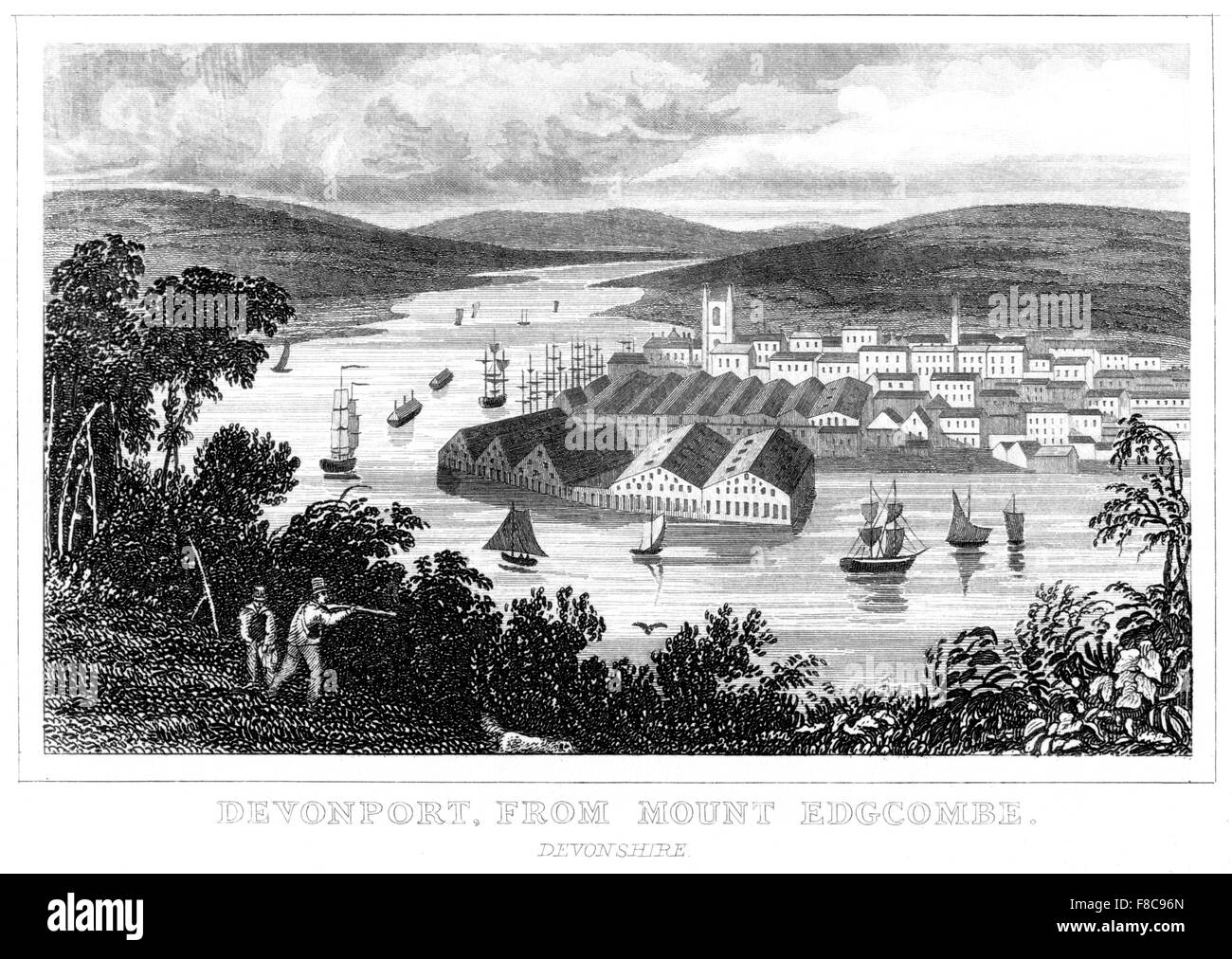 An engraving of Devonport, from Mount Edgcombe, Devonshire scanned at high resolution from a book printed around 1850. Stock Photo