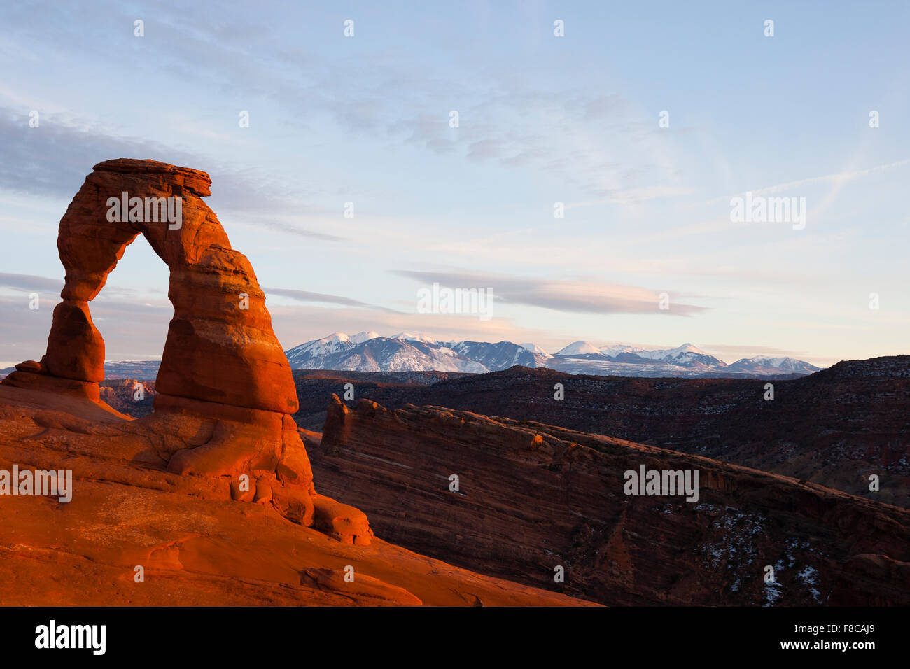 Arches National Park, Utah, USA. Spectacular sunset over Delicate Arch, Utah. Stock Photo