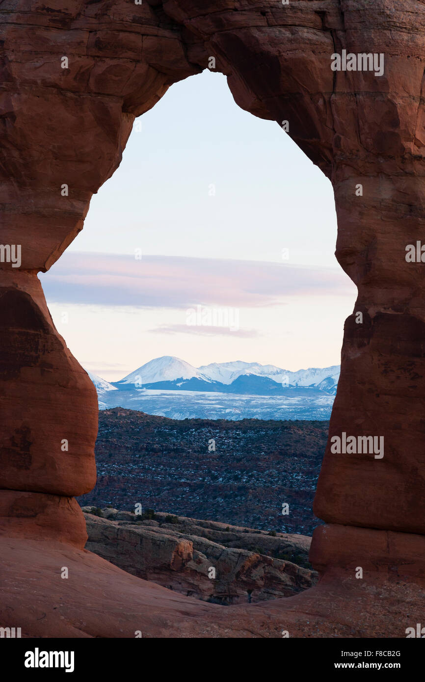 Arches National Park, Utah, USA. View of the Lasal Mountains through Delicate Arch. Stock Photo