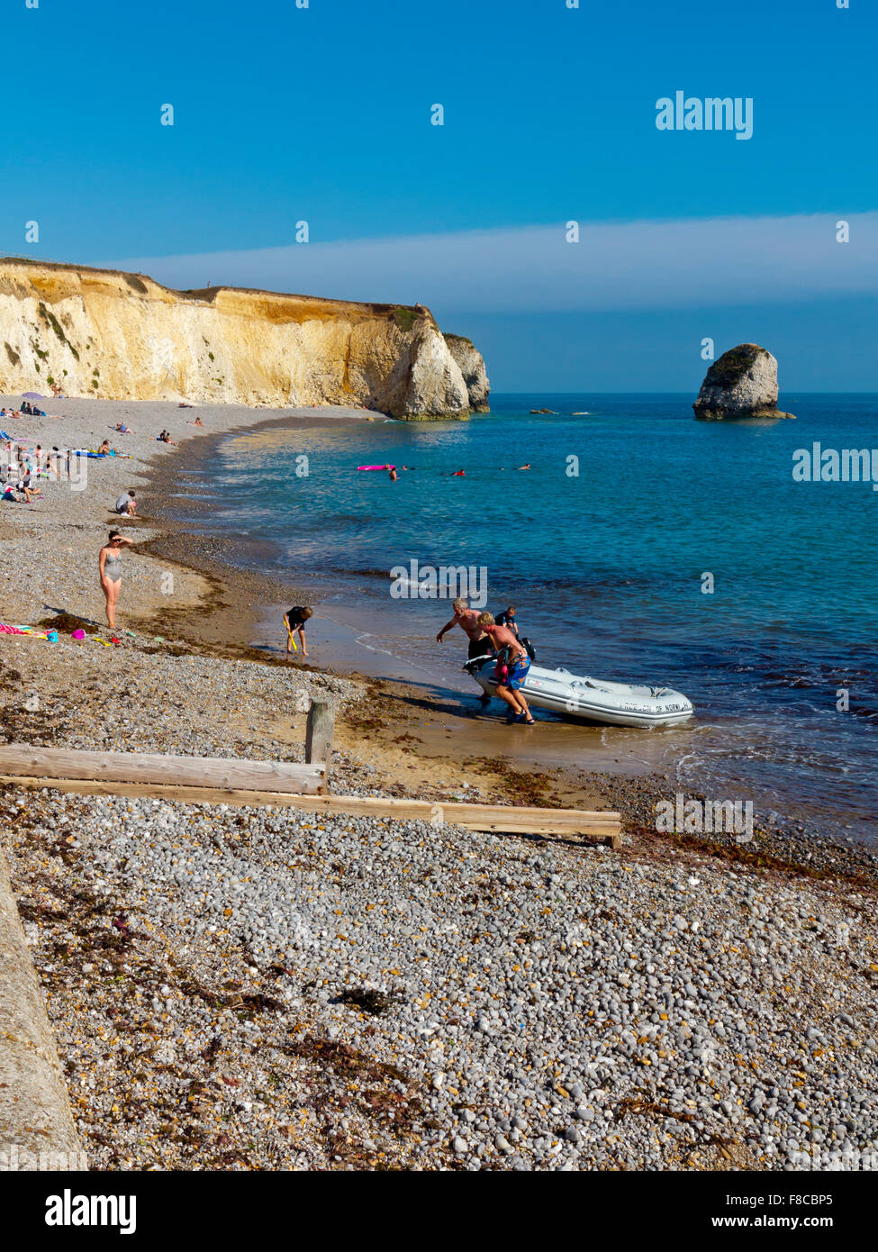 Freshwater Bay a small cove with chalk cliffs and rock stack on the west coast of the Isle of Wight in southern England UK Stock Photo
