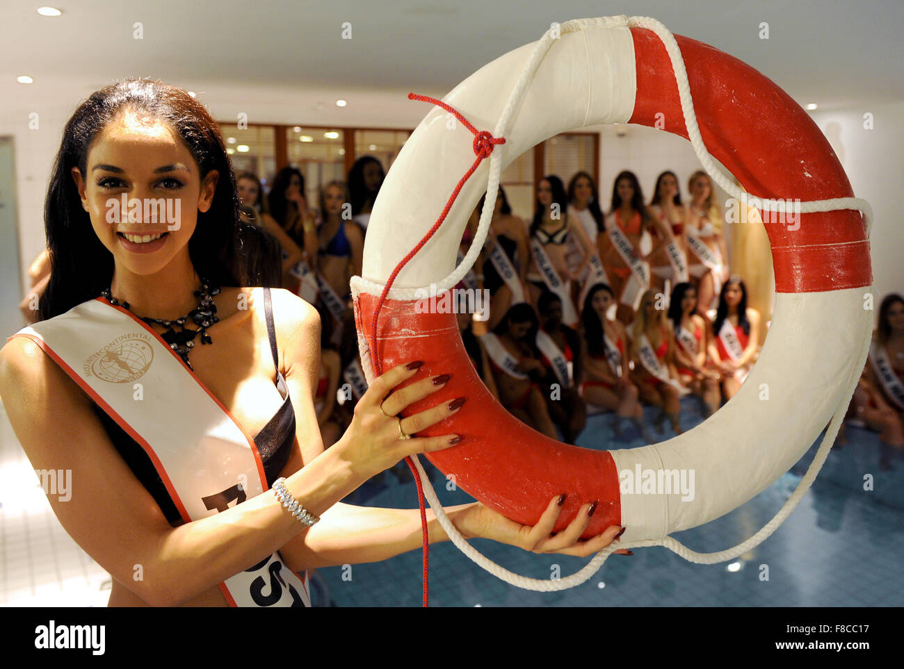 Bremen, Germany. 08th Dec, 2015. Marika Pfanner of Austria, who will compete for the 'Miss Intercontinental 2015' title on 18 December, poses at a hotel swimming pool in Bremen, Germany, 08 December 2015. Women from 64 countries and five continents will be taking part in the beauty pageant. Photo: INGO WAGNER/dpa/Alamy Live News Stock Photo