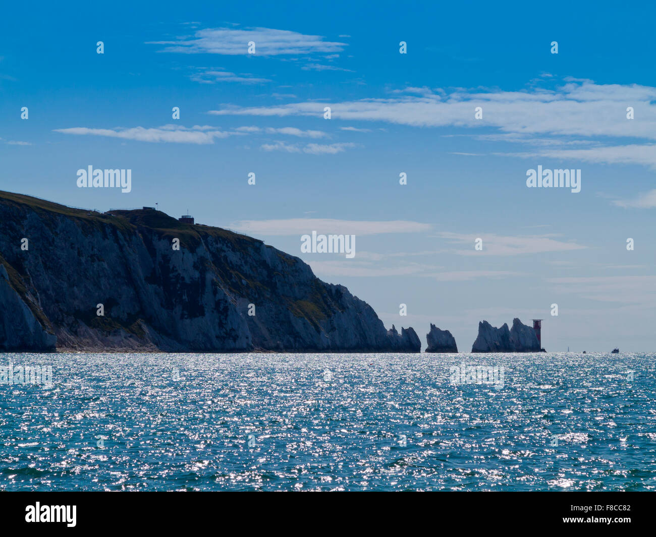 The Needles a chalk rock formation with lighthouse on the west coast of ...