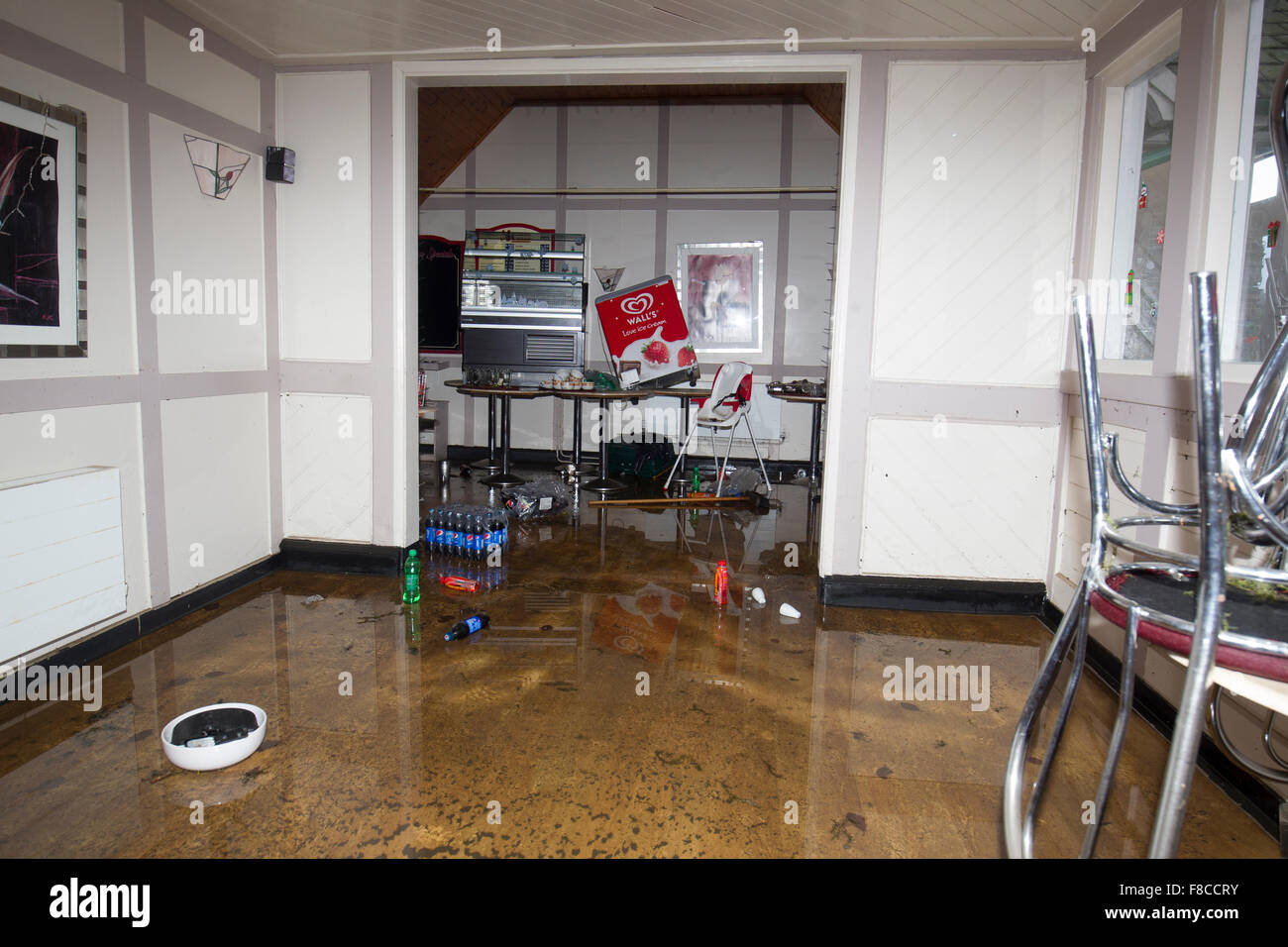 Bowness on Windermere -Cumbria UK Weather 8th December 2015 Credit:  Business clean up & repair after the floods Pier Head Cafe still waiting to be cleaned & cleared of flood water   Gordon Shoosmith/Alamy Live News Stock Photo