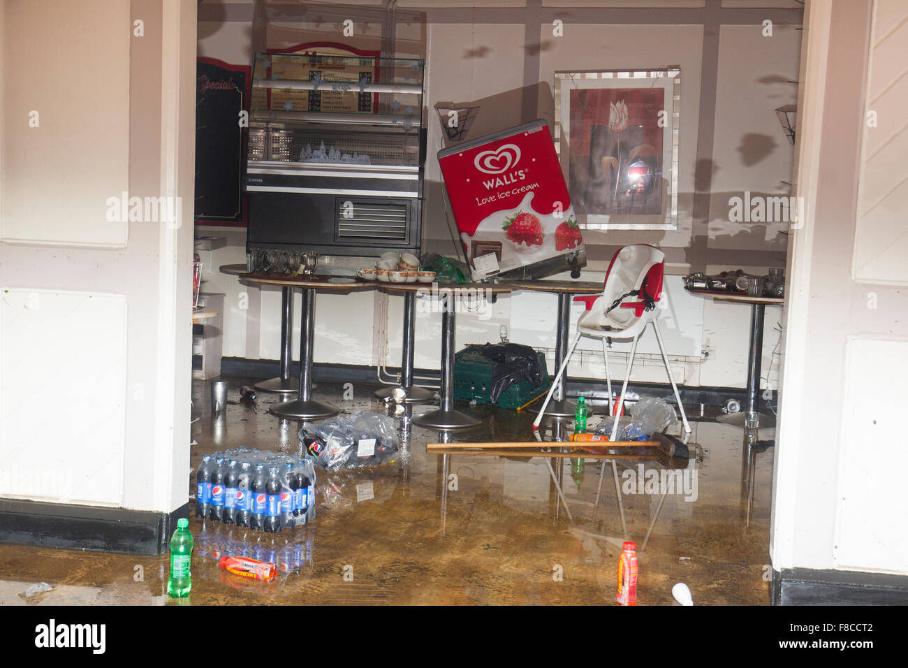 Bowness on Windermere -Cumbria UK Weather 8th December 2015 Credit:  Business clean up & repair after the floods Pier Head Cafe still waiting to be cleaned & cleared of flood water   Gordon Shoosmith/Alamy Live News Stock Photo