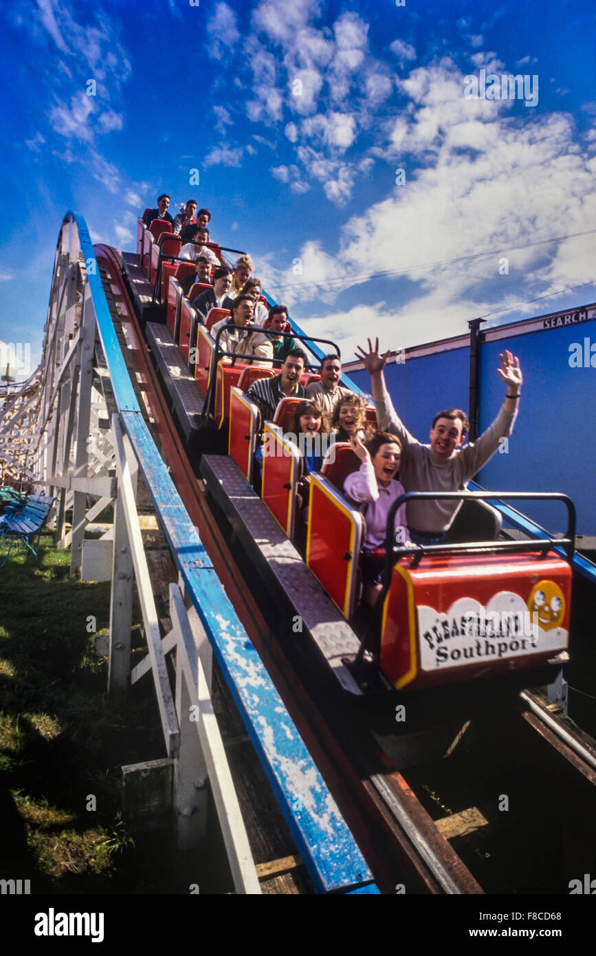 The Cyclone Roller Coaster at Southport Pleasureland, Southport, Merseyside, England. UK Circa 1980's Stock Photo