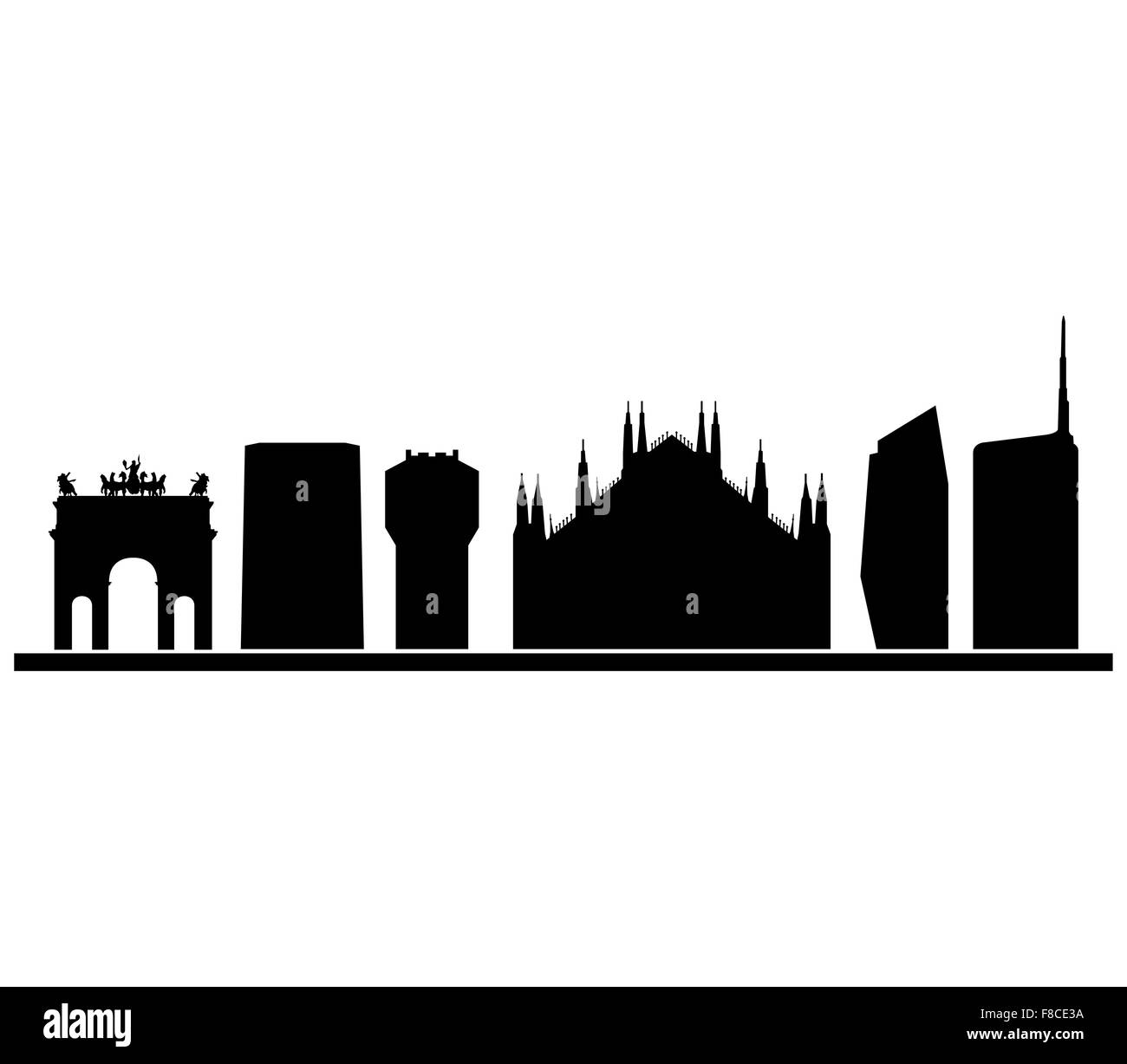 silhouette, red, panorama, outline, skyline, text, white, urban, travel, tower, milan, metropolis, cityscape, city, building Stock Photo