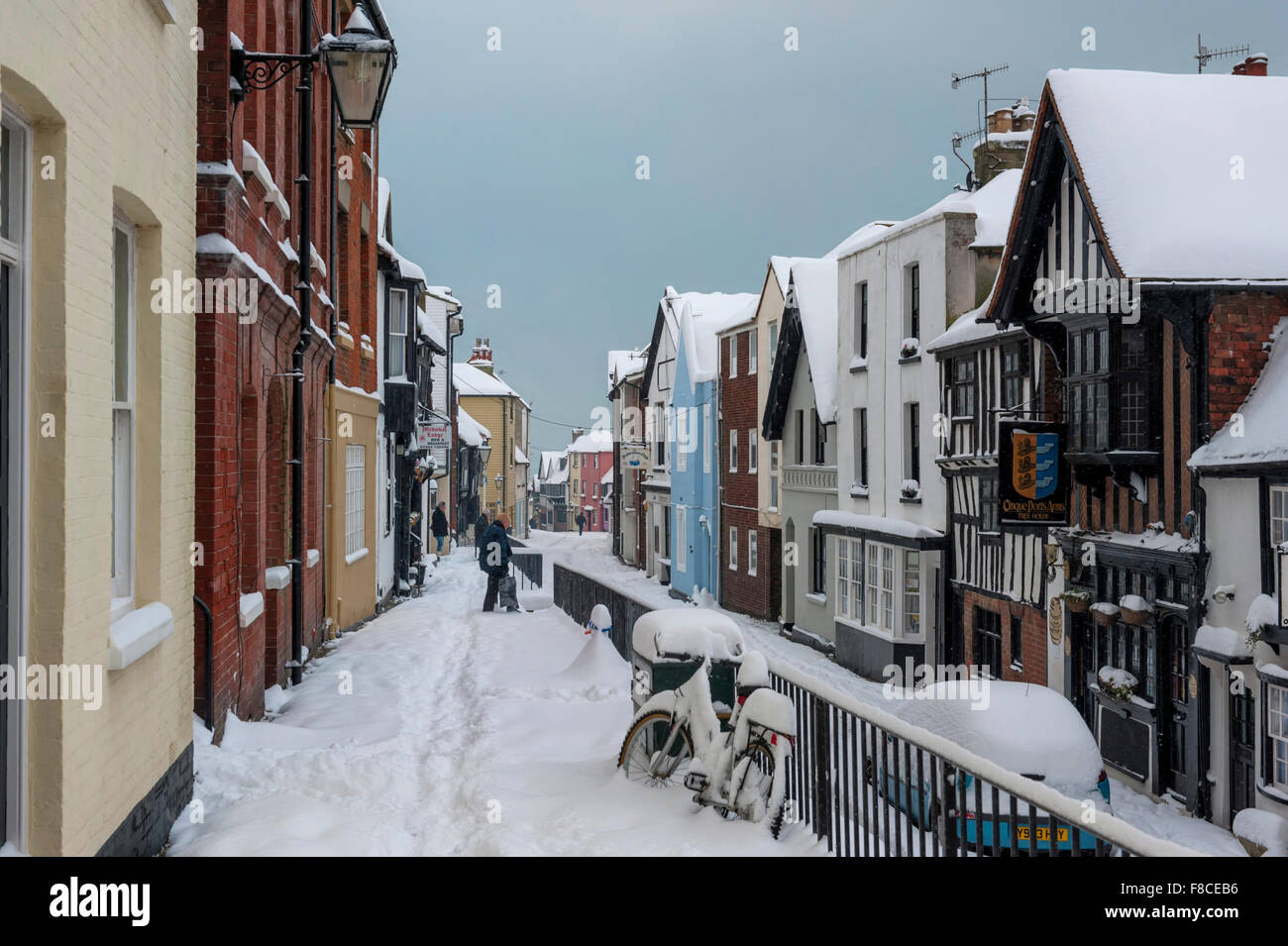 Snow covered All Saints Street, Hastings old town, East Sussex, England, UK Stock Photo