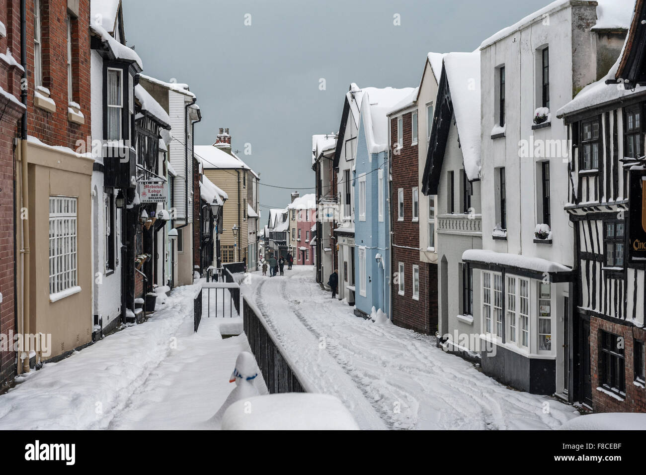 Snow covered All Saints Street, Hastings old town, East Sussex, England, UK Stock Photo