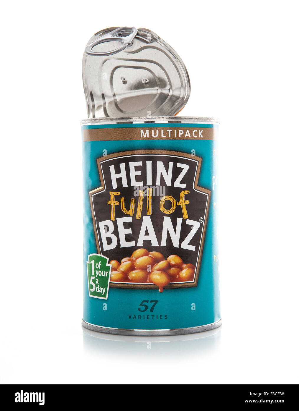 Can of Heinz Beanz baked beans in tomato sauce isolated on white background. Stock Photo