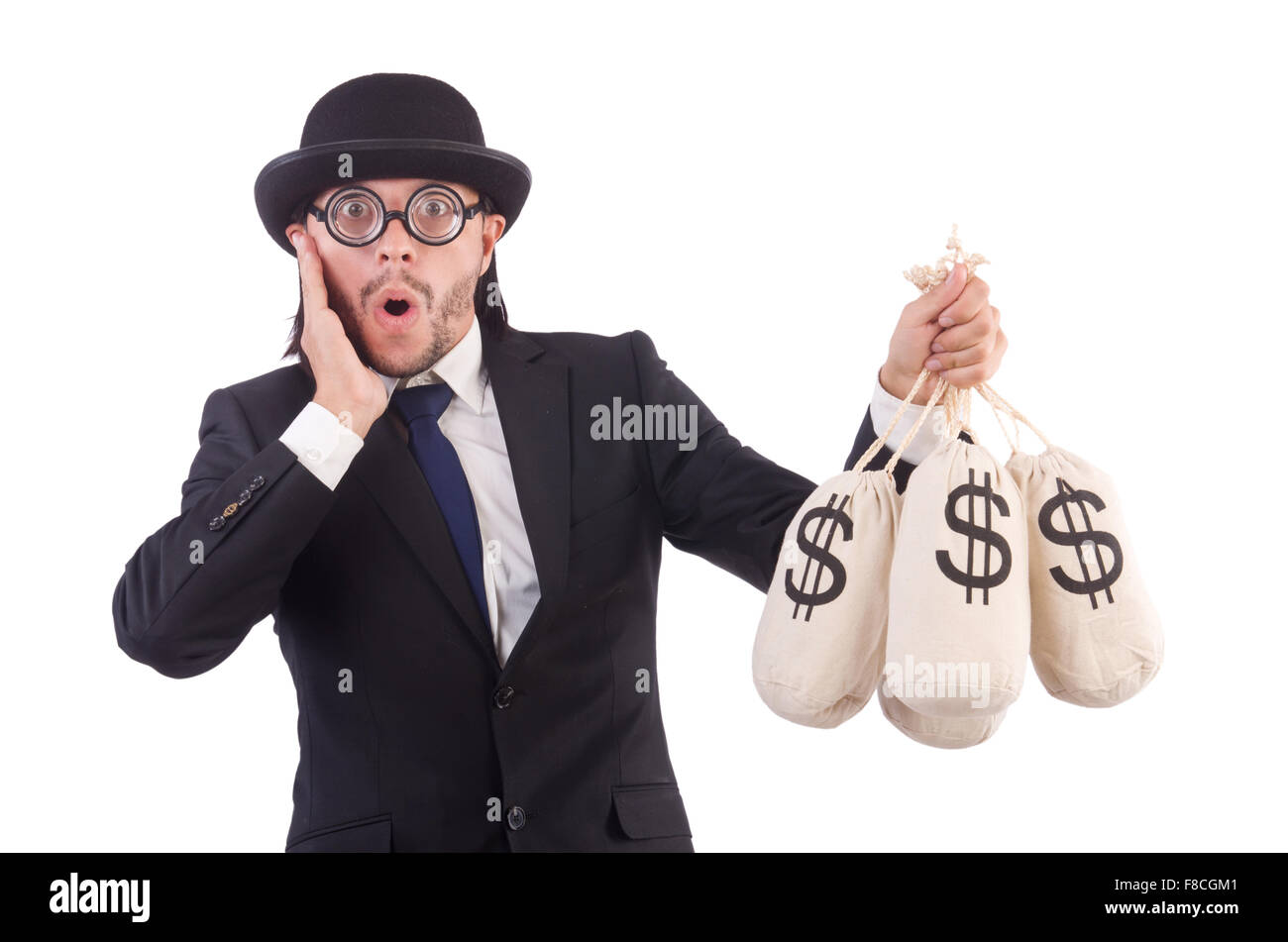 Man with sacks of money isolated on white Stock Photo - Alamy