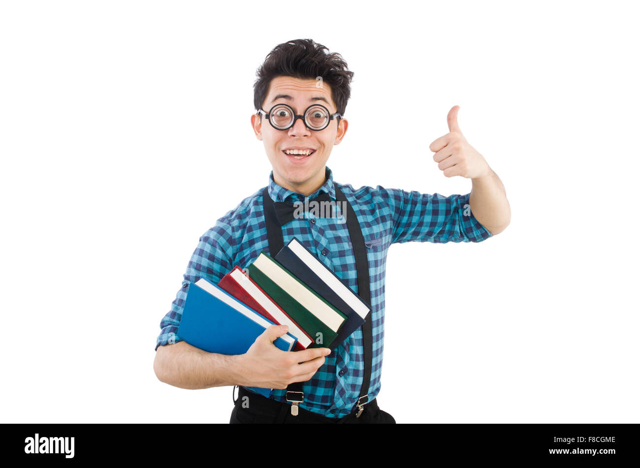 Funny student with books isolated on white Stock Photo - Alamy