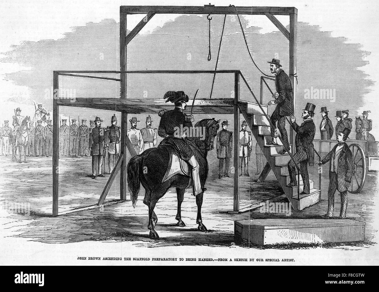 JOHN BROWN (1800-1859) American abolitionist being executed in Charles Town, Jefferson County, Virginia, on 2 December 1859 Stock Photo