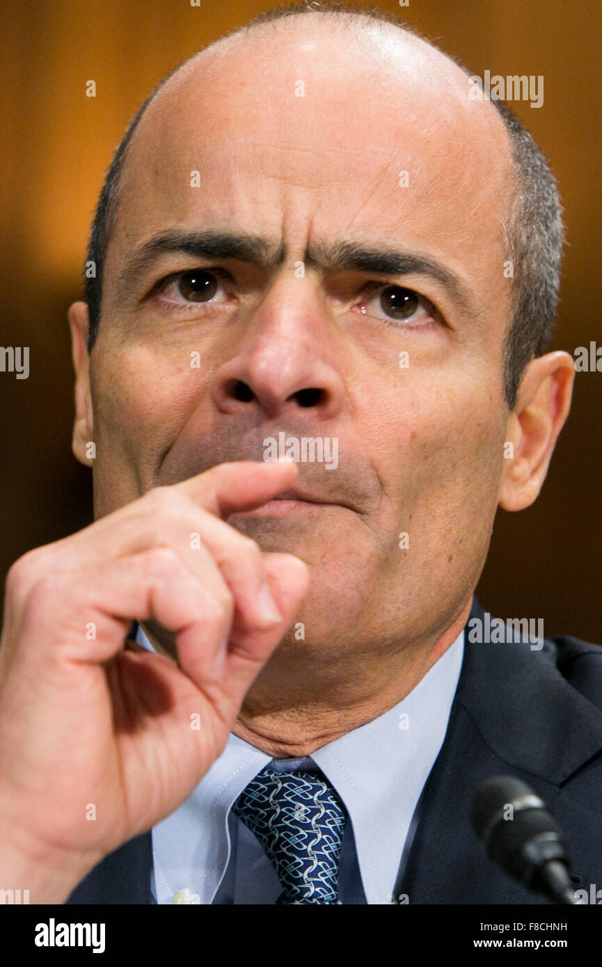 Washington DC, USA. 8th December, 2015. Carlos Brito, CEO, Anheuser-Busch InBev, speaks during a Senate Judiciary Committee Hearing in Washington, D.C., on December 8, 2015. The hearing looked into possible anti-trust issues with AB InBev's proposed $100 billion acquisition of SABMiller. Credit:  Kristoffer Tripplaar/Alamy Live News Stock Photo