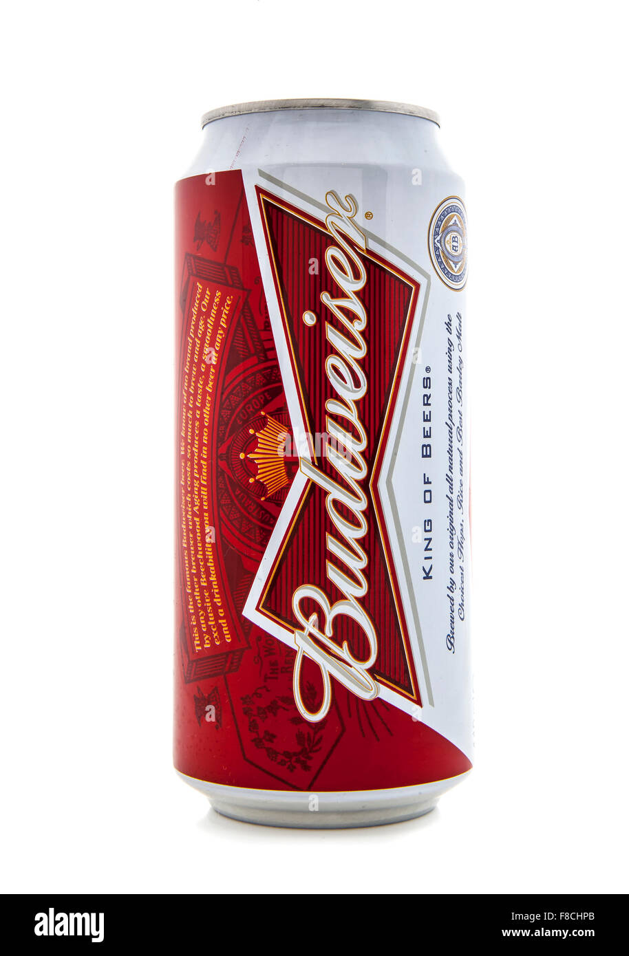 Can of Budweiser beer on a white background Stock Photo