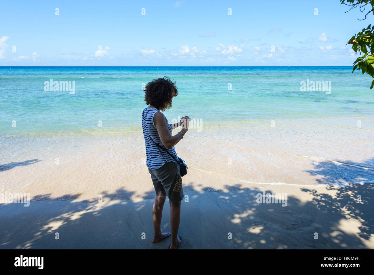 A 50 year old woman looks at her photographs of the Caribbean, St. Croix, U.S. Virgin Islands. Stock Photo