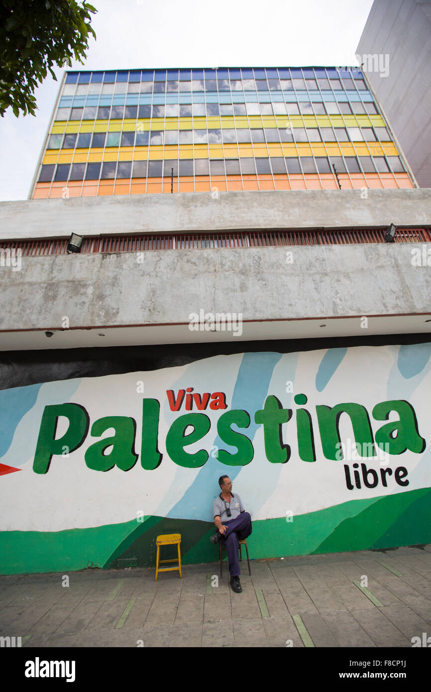 Man sitting on a chair and painting of Chavez and Viva Palestina, Caracas Stock Photo