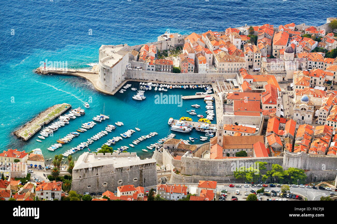 Dubrovnik old town, elevated view to harbor, Croatia Stock Photo