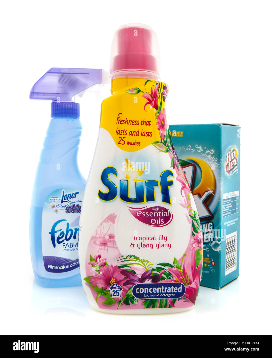 Surf Bio Liquid Detergent, Bio Tex bleach free stain remover and Febreze cleaning products on