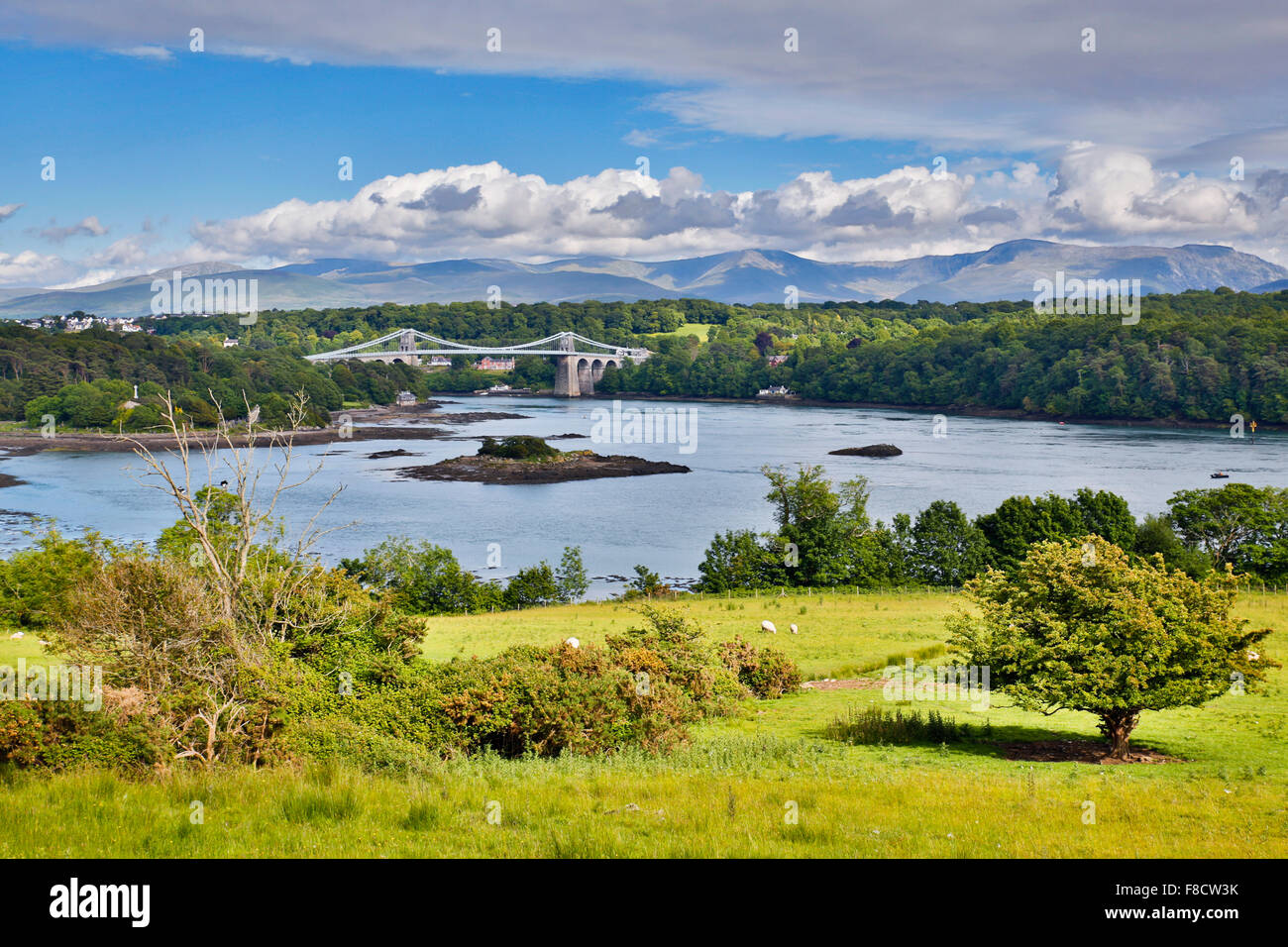 Menai Bridge; View from Anglesey; Wales; UK Stock Photo