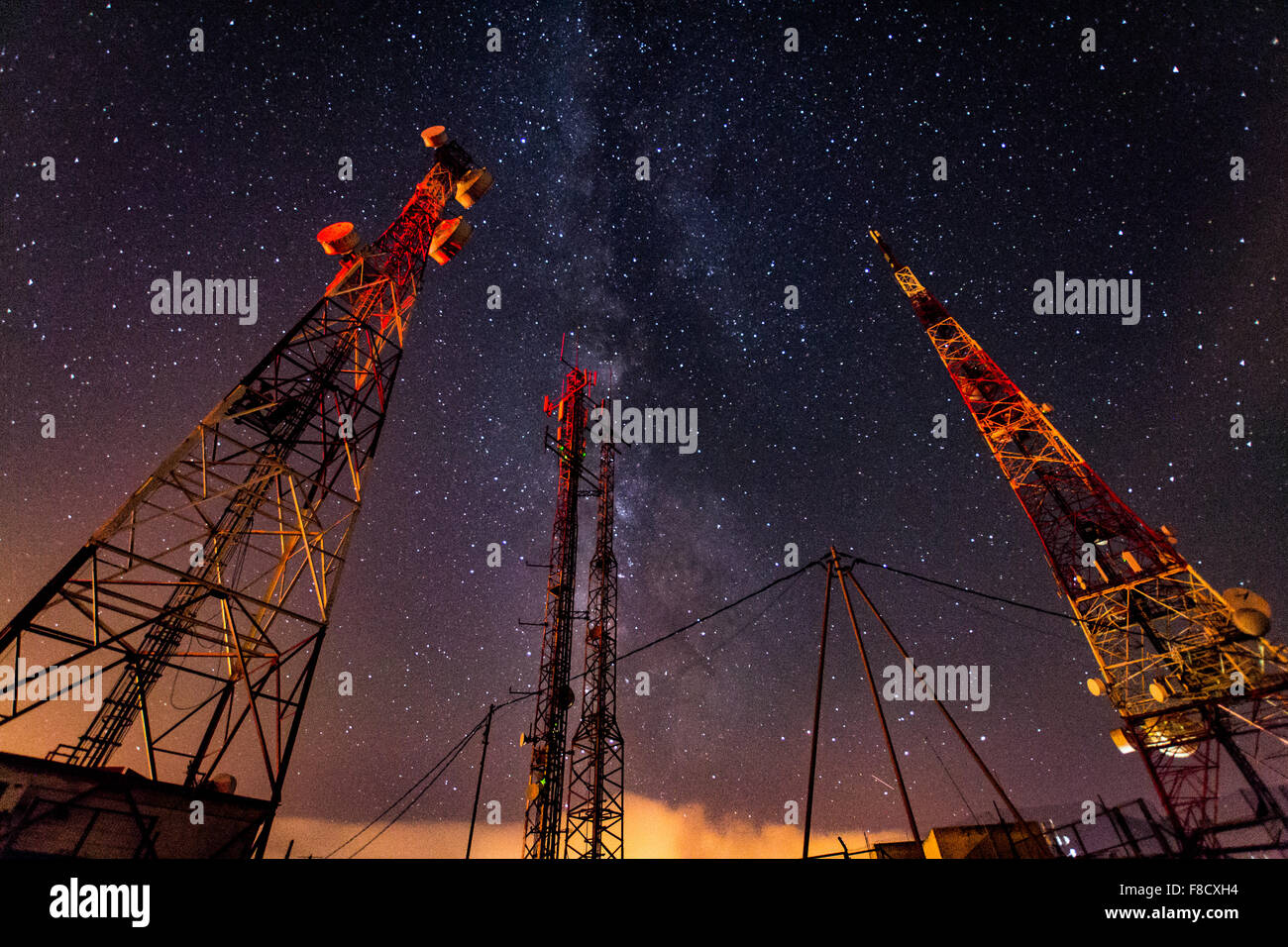 Fuerteventura broadcasting antenna aerials with milky way Stock Photo