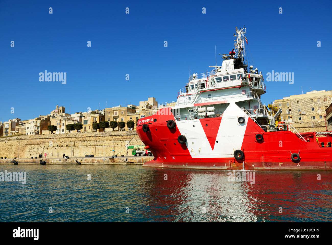The Vos Prudence offshore tug/supply ship is near pier, Valletta, Malta Stock Photo