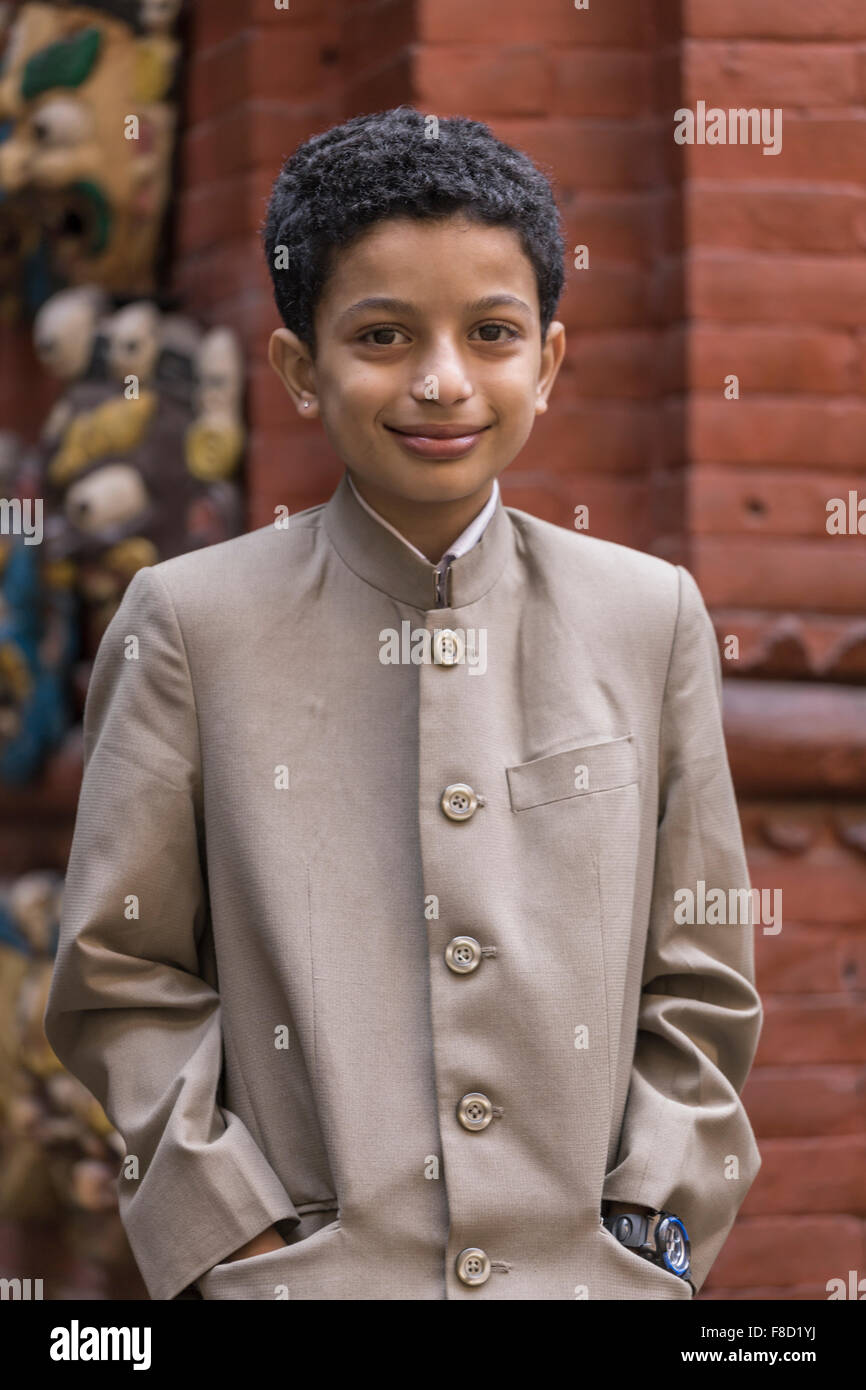 Portrait of a young kid in Bhaktapur Stock Photo