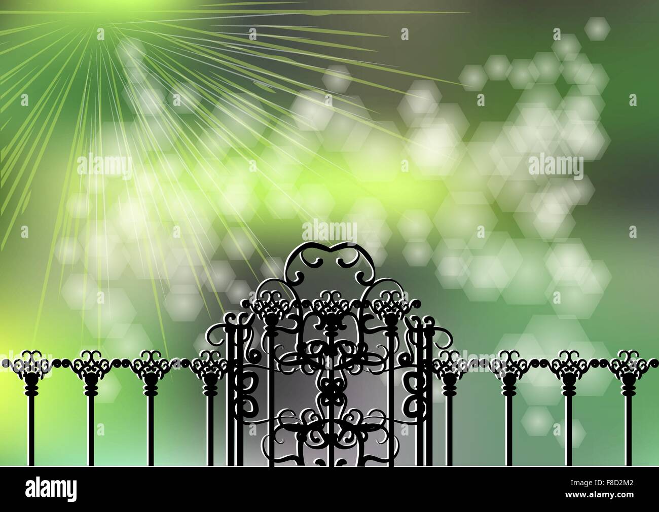 garden gate on green background with light Stock Vector