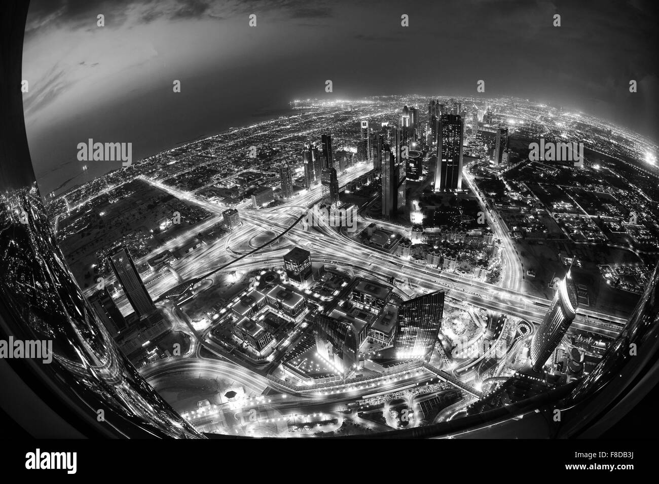 dubai city skyline main road and new skyscrapers at sunset Stock Photo