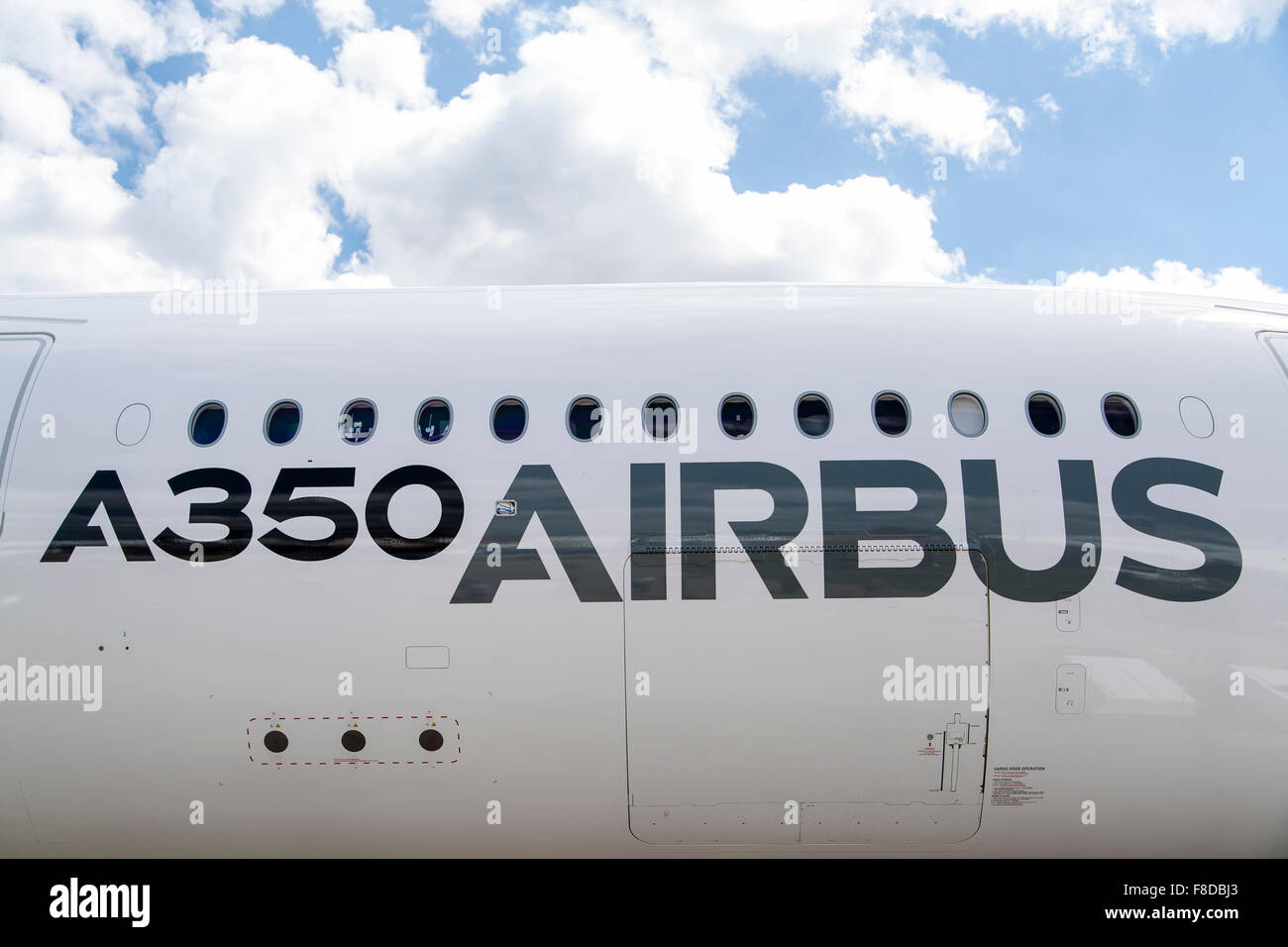 The Airbus A350 XWB test aircraft is a two-engine aircraft is designed to transport more than 300 passengers. Stock Photo