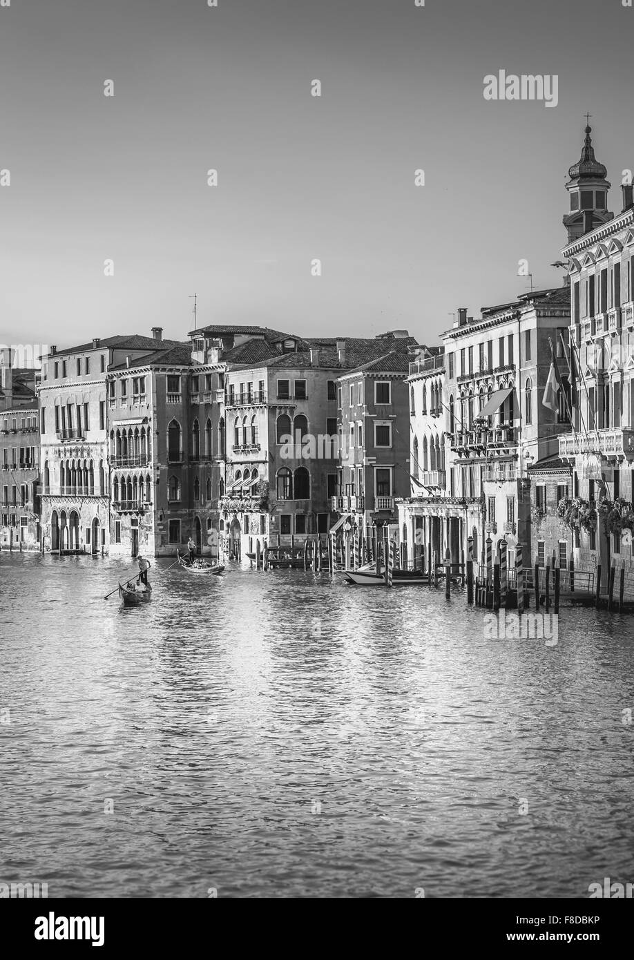 VENICE, ITALY - JUNE 28, 2015: Black and white Grand Canal with gondolas in antique Venice, Italy Stock Photo