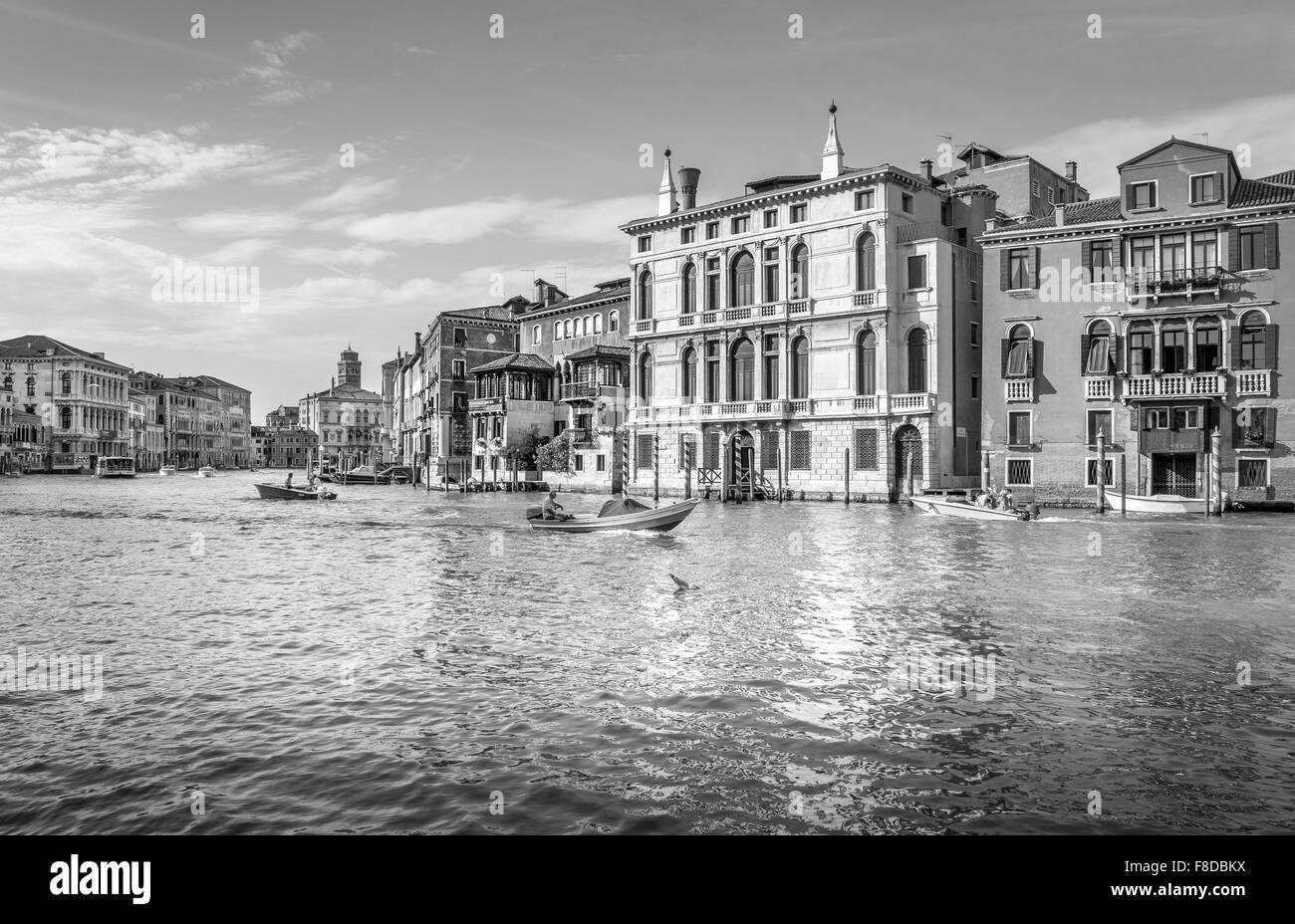 VENICE, ITALY - JUNE 29, 2015: Black and white Grand Canal with boats scenery in antique Venice, Italy Stock Photo