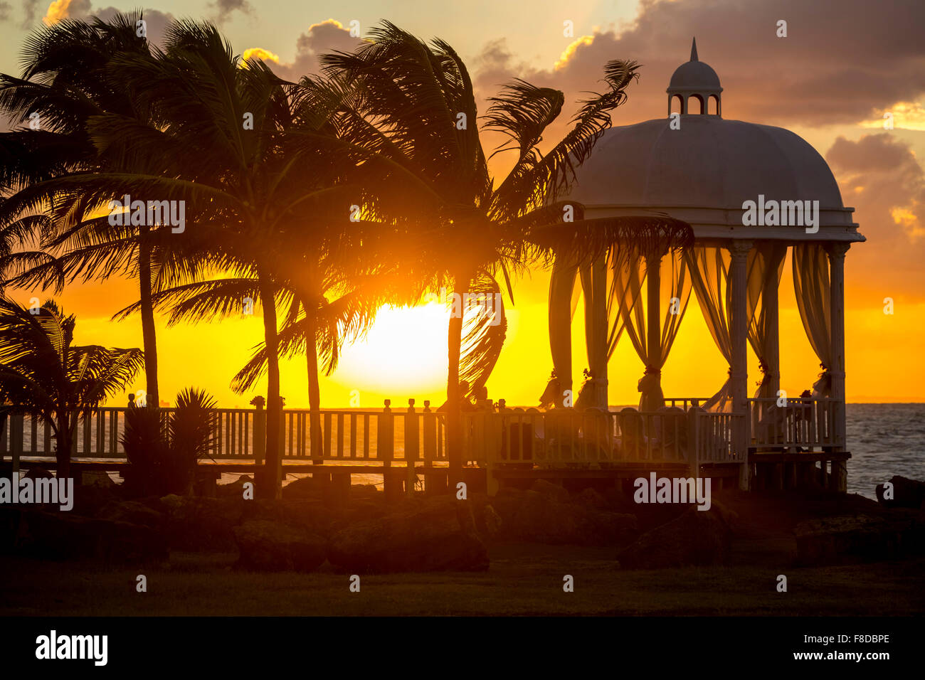Wedding pavilion at Varadero beach with sunset in the resort Paradisus Varadero Resort SPA, romantic, romance, palm trees, Stock Photo